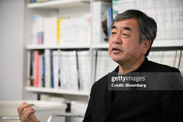 Kengo Kuma, Japanese architect, speaks during an interview in Tokyo, Japan, on Friday, May 12, 2017. Using Japanese lumber for the centerpiece...