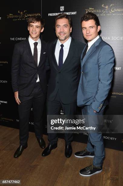 Brenton Thwaites, Orlando Bloom and Javier Bardem attend a screening of "Pirates Of The Caribbean: Dead Men Tell No Tales" hosted by The Cinema...