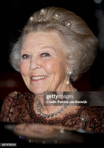 Princess Beatrix of The Netherlands leaves the royal palace after the gala dinner for the Corps Diplomatic on May 23, 2017 in Amsterdam, Netherlands.
