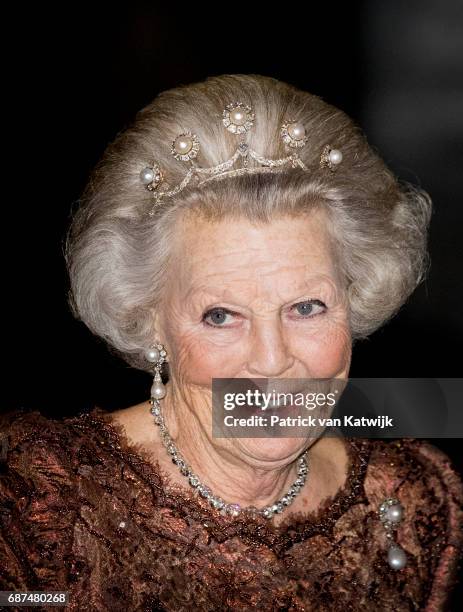 Princess Beatrix of The Netherlands leaves the royal palace after the gala dinner for the Corps Diplomatic on May 23, 2017 in Amsterdam, Netherlands.