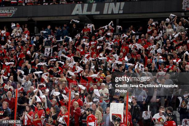 Fans cheer prior to Game Six of the Eastern Conference Final between the Pittsburgh Penguins and the Ottawa Senators during the 2017 NHL Stanley Cup...