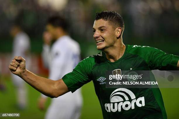 Andrei Girotto of Brazil's Chapecoense celebrates his goal scored against Venezuela's Zulia during their 2017 Copa Libertadores football match held...