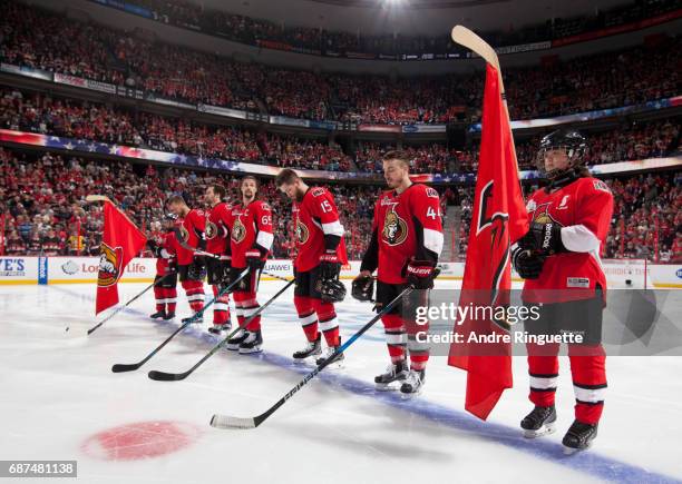 Scotia Skaters lineup on the blue line with the Ottawa Senators before taking on the Pittsburgh Penguins in Game Six of the Eastern Conference Final...