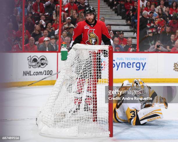 Bobby Ryan of the Ottawa Senators looks on after receiving an interference penalty on Matt Murray of the Pittsburgh Penguins in Game Six of the...