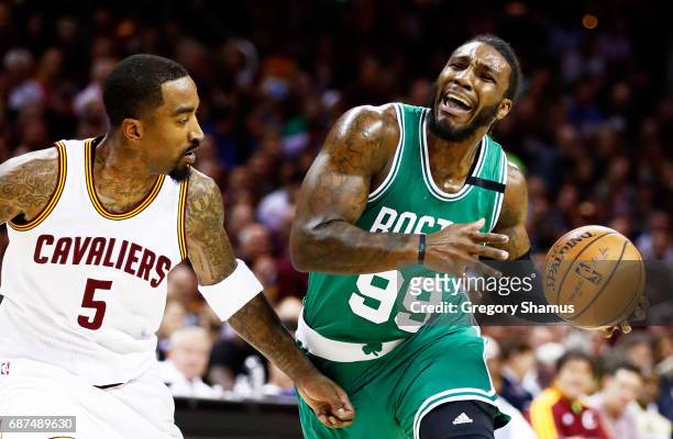 Jae Crowder of the Boston Celtics drives against JR Smith of the Cleveland Cavaliers in the first quarter during Game Four of the 2017 NBA Eastern...