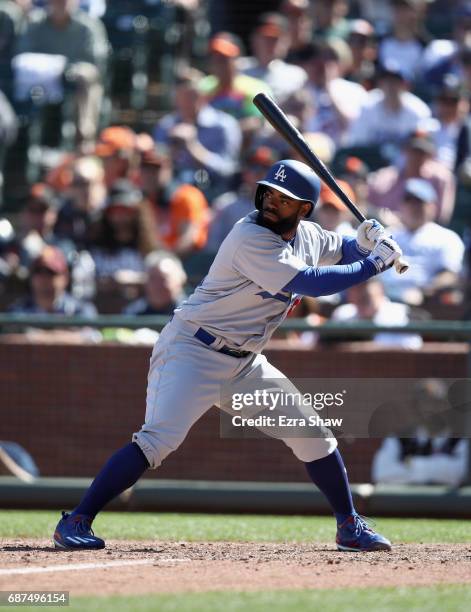 Andrew Toles of the Los Angeles Dodgers bats against the San Francisco Giants at AT&T Park on April 27, 2017 in San Francisco, California.