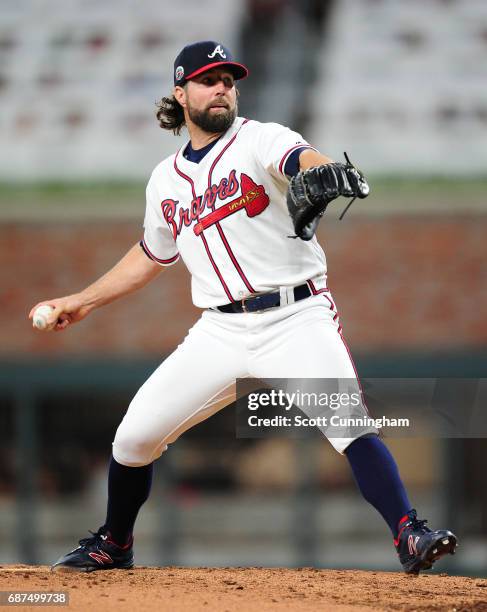 Dickey of the Atlanta Braves throws a third-inning pitch against the Pittsburgh Pirates at SunTrust Park on May 23, 2017 in Atlanta, Georgia.