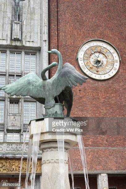 Swan sculpture and clock, City Hall, the Radhuset and Radhus, Oslo, Norway. Nobel Peace Prize ceremony venue.