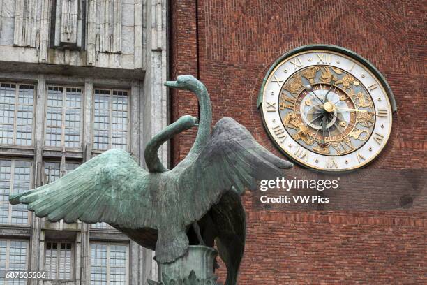 Swan sculpture and clock, City Hall, the Radhuset and Radhus, Oslo, Norway. Nobel Peace Prize ceremony venue.