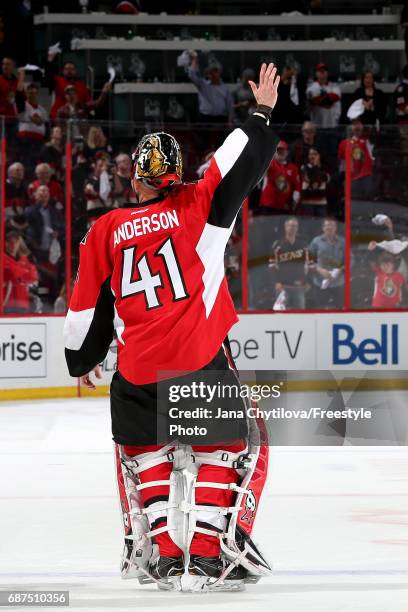 Craig Anderson of the Ottawa Senators celebrates after defeating the Pittsburgh Penguins with a score of 2 to 1 in Game Six of the Eastern Conference...