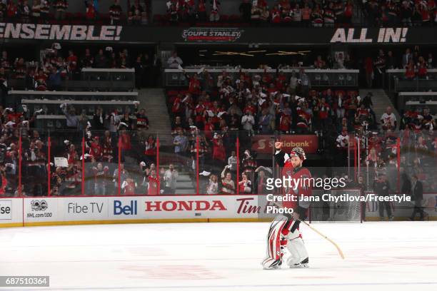 Craig Anderson of the Ottawa Senators celebrates after defeating the Pittsburgh Penguins with a score of 2 to 1 in Game Six of the Eastern Conference...