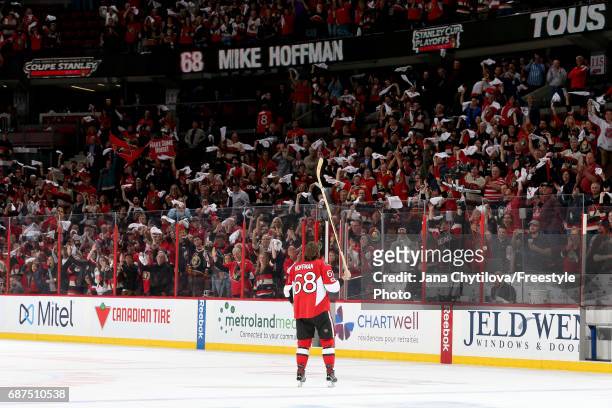 Mike Hoffman of the Ottawa Senators celebrates after defeating the Pittsburgh Penguins with a score of 2 to 1 in Game Six of the Eastern Conference...