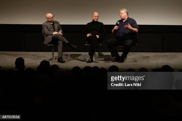 Moderator Joe Neumaier and Re-recording mixers Lee Dichter and Tom Fleischman on stage during the Academy of Motion Picture Arts and Sciences...