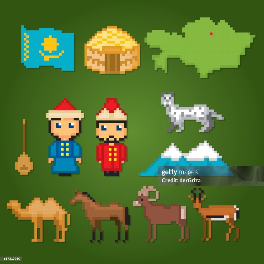 Kazakhstan icons set. Pixel art. Old school computer graphic style. Games elements