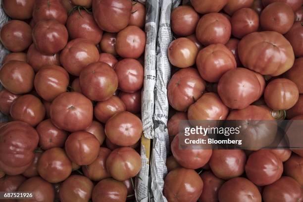 Organic tomatoes sit in baskets in a greenhouse at a showcase farm operated by Penglai Hesheng Agricultural Technology Development Co. In Penglai,...