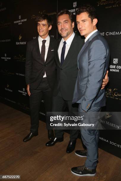 Brenton Thwaites, Javier Bardem and Orlando Bloom attend The Cinema Society with Remy Martin & Frederique Constant host a screening of "Pirates of...