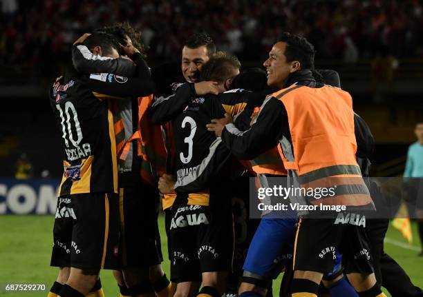 Players of The Strongest celebrate their first goal during a match between Independiente Santa Fe and The Strongest as part of Copa CONMEBOL...