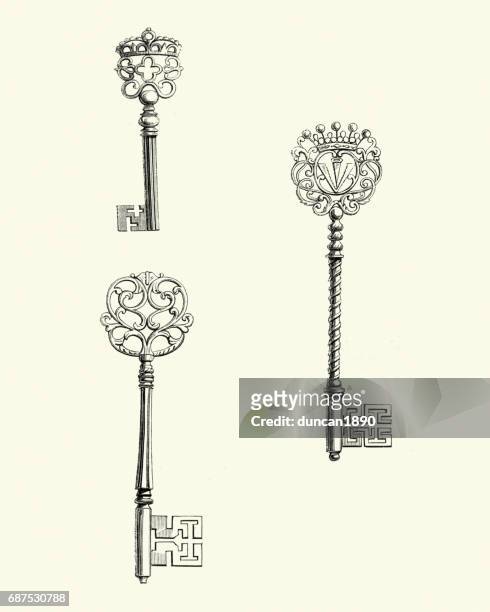 examples of 17th century keys - ornate key stock illustrations