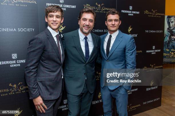 Javier Bardem, Brenton Thwaites and Orlando Bloom attend The Cinema Society host a screening of "Pirates Of The Caribbean: Dead Men Tell No Tales" at...