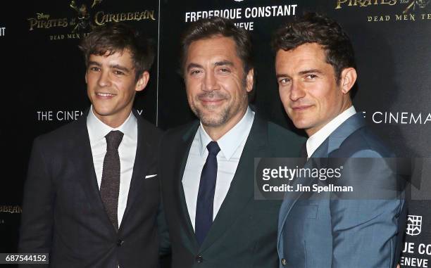 Actors Brenton Thwaites, Javier Bardem and Orlando Bloom attend the screening of "Pirates Of The Caribbean: Dead Men Tell No Tales" hosted by The...