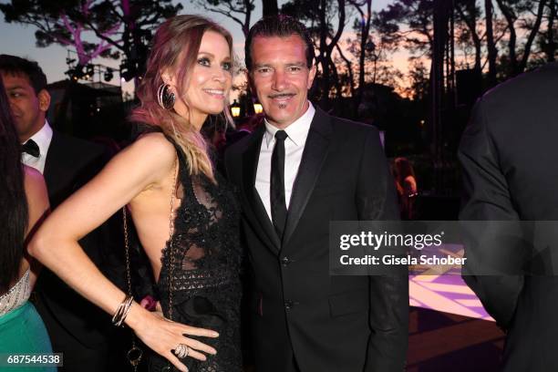 Antonio Banderas and his girlfriend Nicole Kimpel during the DeGrisogono "Love On The Rocks" gala during the 70th annual Cannes Film Festival at...