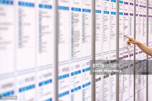 Jobseeker points at listings displayed at a job fair in Incheon, South Korea, on Wednesday, May 24, 2017. South Korea is scheduled to release...