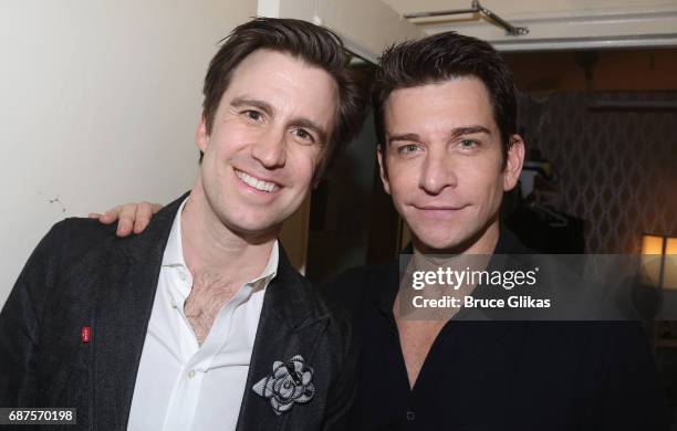 Olivier Award Winners Gavin Creel and Andy Karl pose backstage at the hit musical based on the film "Groundhog Day" on Broadway at The August Wilson...