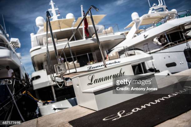 Luxury yachts, detail, berth next to the Palais de Festivals during the 70th annual Cannes Film Festival at on May 23, 2017 in Cannes, France.