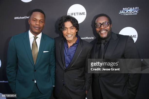 Actors Sam Adegoke, Navi and Chad L. Coleman attend Lifetime's Michael Jackson: Searching for Neverland Premiere Event at Avalon on May 23, 2017 in...