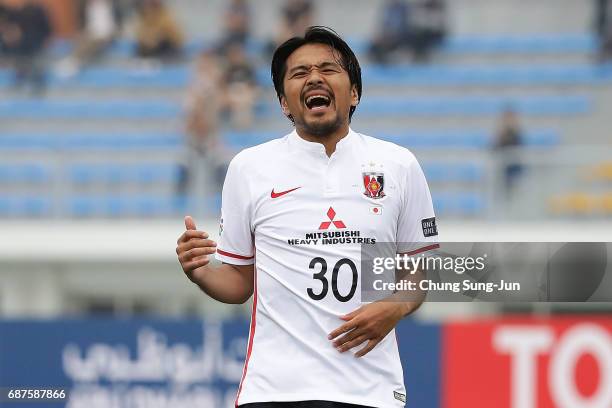 Shinzoh Kohrogi of Urawa Red Diamonds reacts during the AFC Champions League Round of 16 match between Jeju United FC and Urawa Red Diamonds at Jeju...