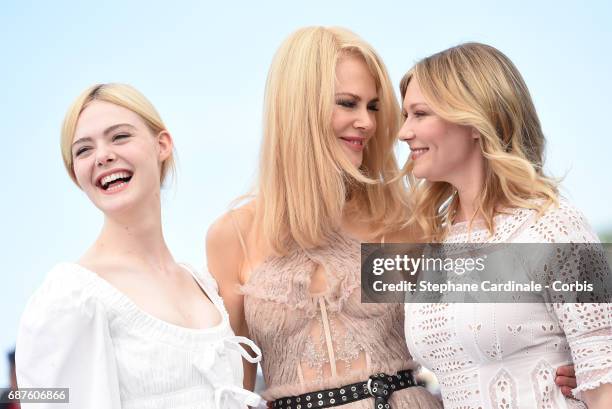 Actresses Elle Fanning, Nicole Kidman and Kirsten Dunst attend "The Beguiled" photocall during the 70th annual Cannes Film Festival at Palais des...