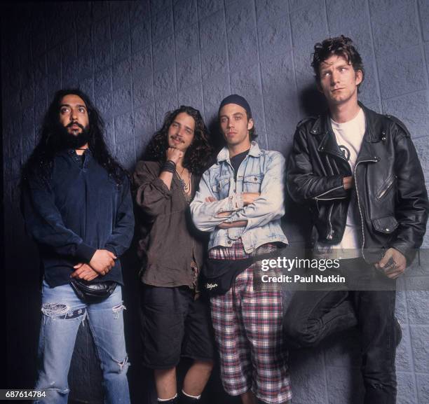Group portrait of members of the Rock band Soundgarden as they pose at the World Music Theater, Tinley Park, Illinois, August 2, 1992. Pictured are,...