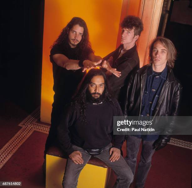 Group portrait of members of the Rock band Soundgarden as they pose at the Vic Theater, Chicago, Illinois, November 8, 1991. Pictured are, standing...