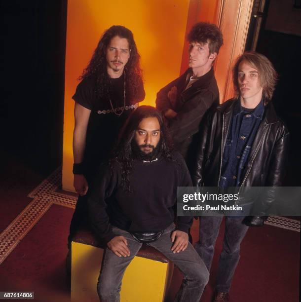 Group portrait of members of the Rock band Soundgarden as they pose at the Vic Theater, Chicago, Illinois, November 8, 1991. Pictured are, standing...