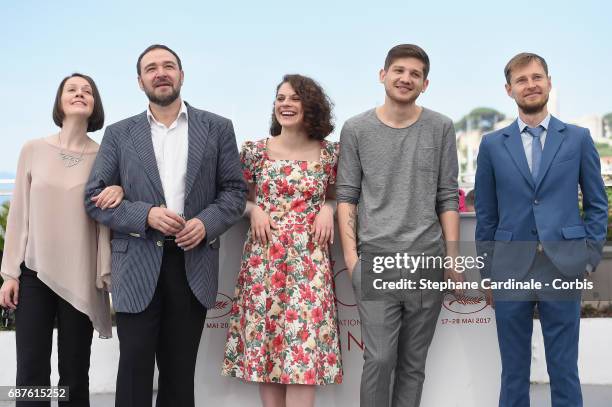 Olga Dragunova, Artem Tsypin, Darya Zhovner, Kantemir Balagov and Nikolay Yankin attend the"Tesnota - Une Vie A L'Etroit" photocall during the 70th...