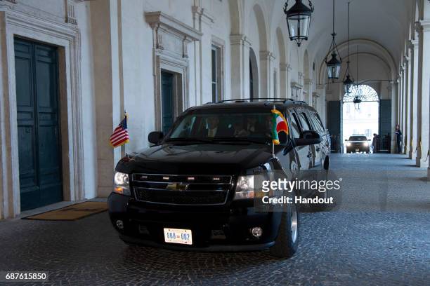 In this handout image provided by Ufficio Stampa e Comunicazione della Presidenza della Repubblica, US President Donald Trump arrives at Palazzo del...