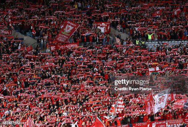 Liverpool fans sing You'll Never Walk Alone during the International Friendly match between Sydney FC and Liverpool FC at ANZ Stadium on May 24, 2017...