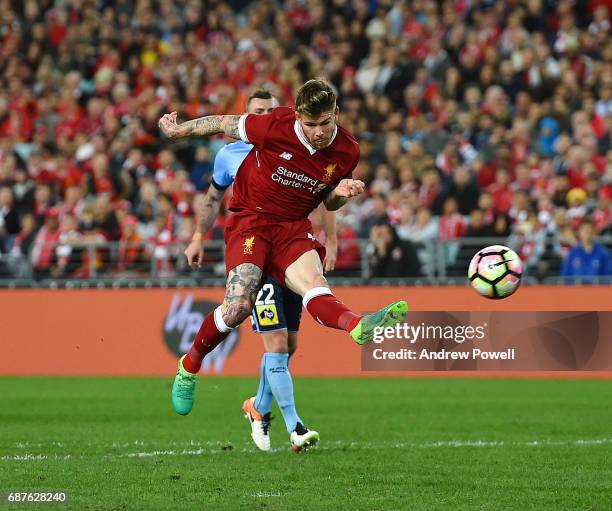 Alberto Moreno of Liverpool scores the second goal during the International Friendly match between Sydney FC and Liverpool FC at ANZ Stadium on May...