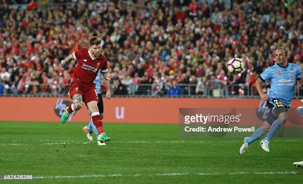 Alberto Moreno of Liverpool scores the second goal during the International Friendly match between Sydney FC and Liverpool FC at ANZ Stadium on May...