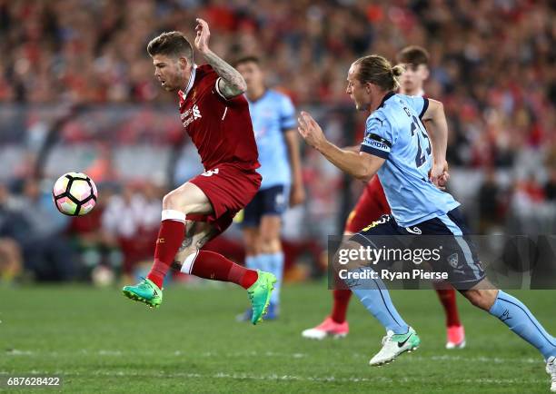 Alberto Moreno of Liverpool scores his teams second goal during the International Friendly match between Sydney FC and Liverpool FC at ANZ Stadium on...