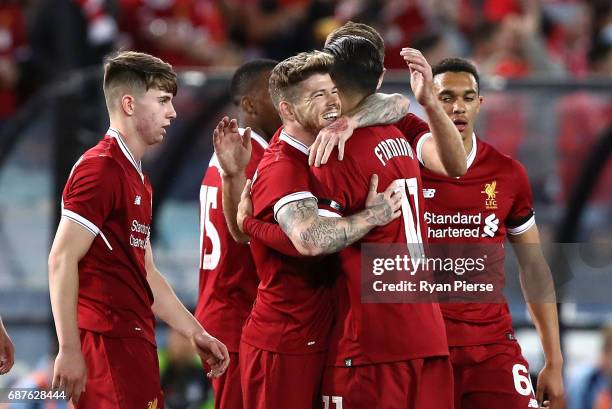 Alberto Moreno of Liverpool celebrates after scoring his teams second goal during the International Friendly match between Sydney FC and Liverpool FC...