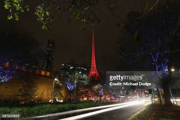 The colours of the Union Jack, the national flag of the United Kingdom, are projected on to the Melbourne Arts Centre spire as a tribute to...
