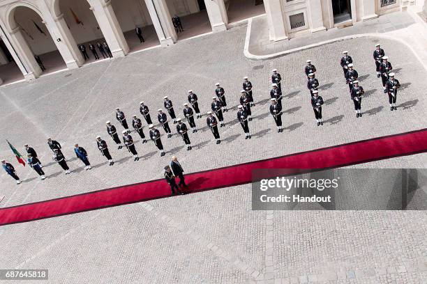 In this handout image provided by Ufficio Stampa e Comunicazione della Presidenza della Repubblica, US President Donald Trump arrives at Palazzo del...