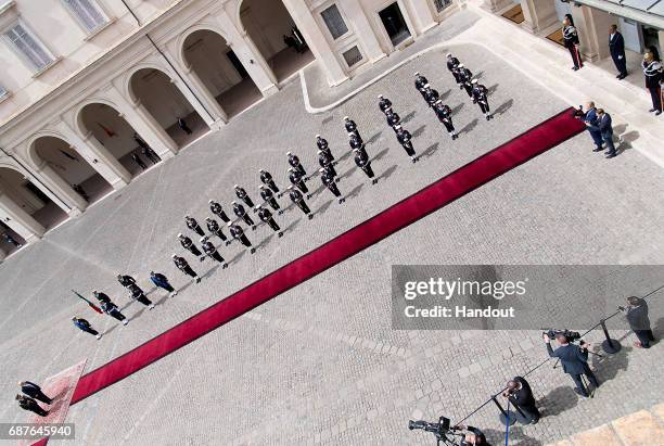 In this handout image provided by Ufficio Stampa e Comunicazione della Presidenza della Repubblica, US President Donald Trump arrives at Palazzo del...