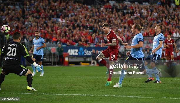 Alberto Moreno of Liverpool scores the second goal during the International Friendly match between Sydney FC and Liverpool FC at ANZ Stadium on May...