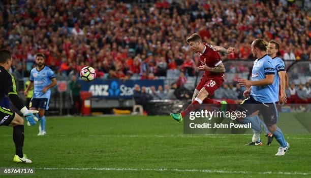 Alberto Moreno of Liverpool scores the second goal during the International Friendly match between Sydney FC and Liverpool FC at ANZ Stadium on May...