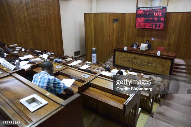 An electronic board displays bids from competing coffee buyers in the auction room at the Nairobi Coffee Exchange in Nairobi, Kenya, on Tuesday, May...