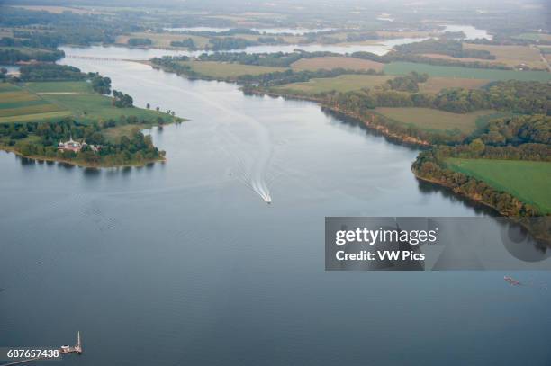 Aerial of a boat traveling through Chesapeake Bay on the Eastern Shore, Maryland.