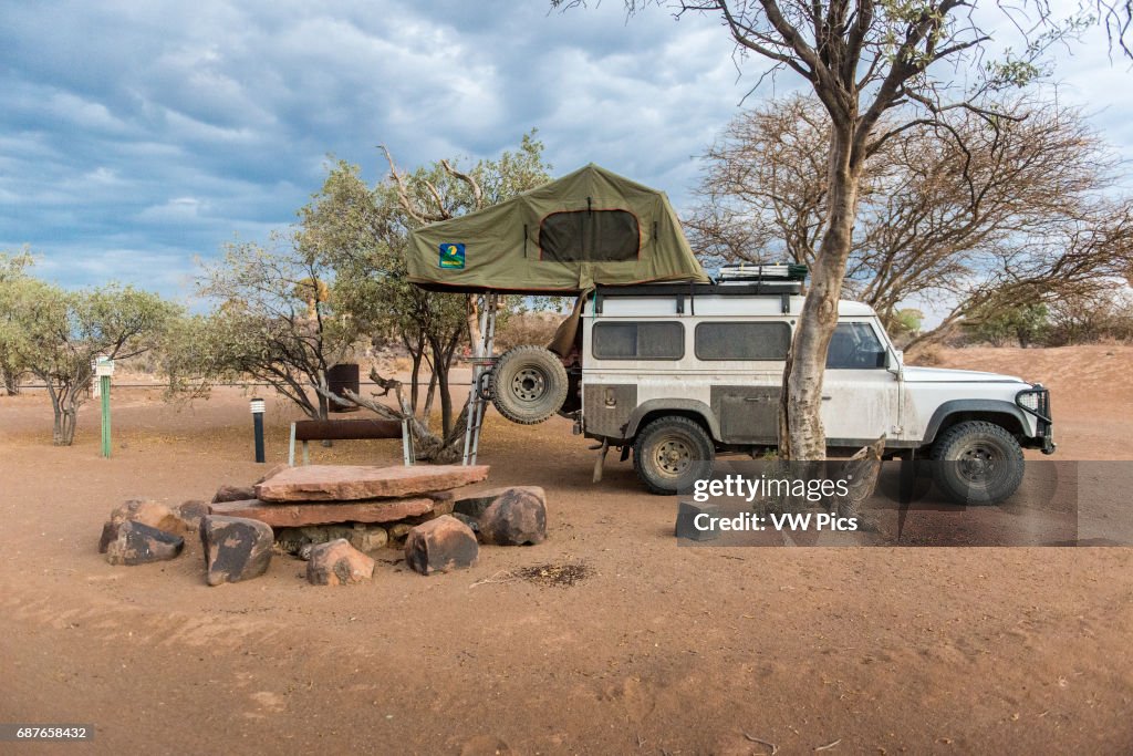 Keetmanshoop, Namibia, Africa - Land Rover with roof-tent parked at a campsite