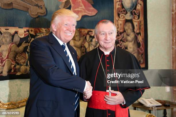 Vatican Secretary of State cardinal Pietro Parolin meets United States President Donald Trump at the Apostolic Palace on May 24, 2017 in Vatican...